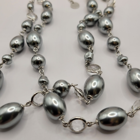 Talbots double strand silver heavy oval bead necklace bezel set clear rhinestone - Picture 8 of 11